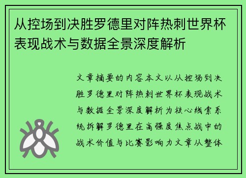 从控场到决胜罗德里对阵热刺世界杯表现战术与数据全景深度解析